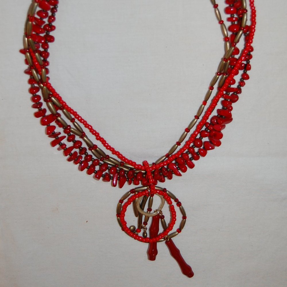 Statement Necklace -5 Strand Red/ Gold Bead Necklace W/6" Center Medallion